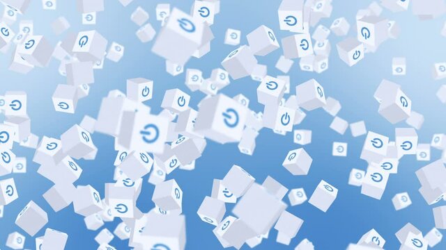 Many white cubes with power button icon floating on blue background. Digital business concept. Start up. Loop.