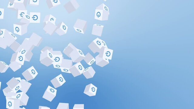 Many white cubes with power button icon floating on blue background. Digital business concept. Start up. Loop.