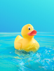 Rubber duck swim on  water through waves. Minimal concept relax and beauty tropical sea.