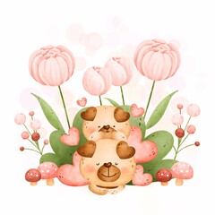 Watercolor cute couple dog and flowers in the garden 