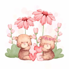 Watercolor cute couple teddy bear and pink flowers in the garden 
