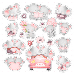 Watercolor cute elephant with love elements sticker set