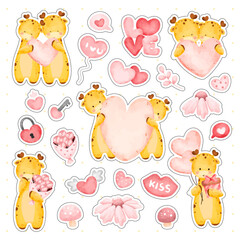 Watercolor cute giraffe with love elements sticker set