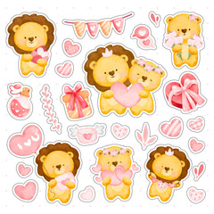 Fototapeta premium Watercolor cute lion with love elements sticker set 