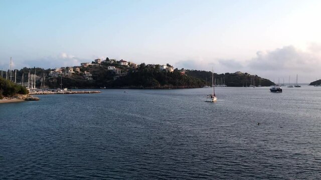 dronefly past a boad to syvota bay in greece