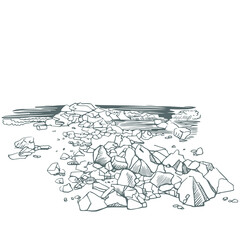 Sea stone coast sketch. Rocky surface. Beach with rocks on a white background