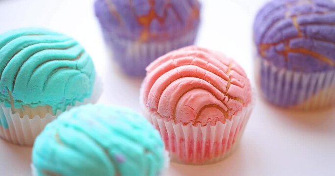 Rotating camera around of some Homemade Pink Manteconcha, Mexican Sweet Bread