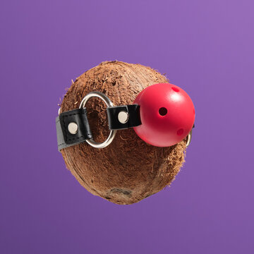 Ripe sweet coconut and red ball gag. Idea of intim, gentle pleasure and romance.