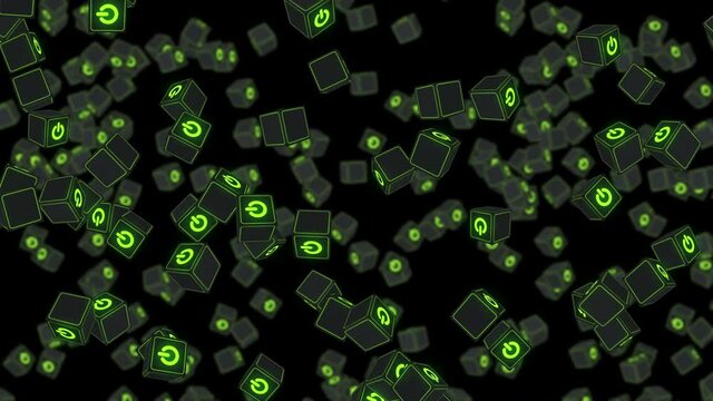 Many cubes with green power button icon floating on black background. Digital business concept. Start up. Loop.