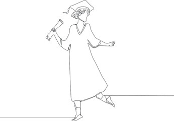 Single continuous line drawing of female so happy with her graduation. concept one line draw design graphic vector illustration