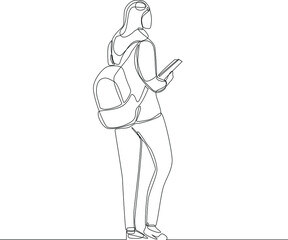 Single continuous line drawing of young female back to home after full day school. concept one line draw design graphic vector illustration