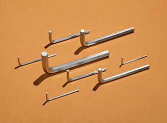 Hexagon keys for repairing cars and bicycles. Idea of irreplaceable elements in work of car mechanics and engineers.