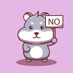 Cute hamster holding a sign that says No. cartoon character. Flat cartoon style. Animal concept isolated on purple background.