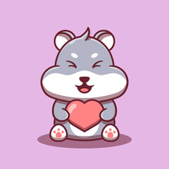 Cute hamster holding a heart vector illustration. Flat cartoon style. Animal concept isolated on purple background. Valentine Theme.