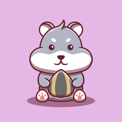 Hamster cartoon character holding sunflower seeds. Flat cartoon style. Animal concept isolated on purple background.