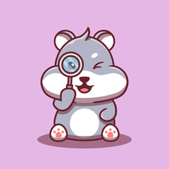 Hamster cartoon character holding a magnifying glass. Flat cartoon style. Animal concept isolated on purple background.