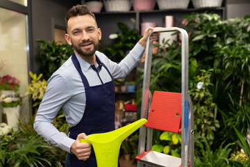 a specialist florist takes care of plants in a flower shop