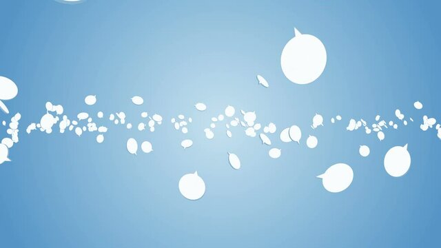 Many speech bubble icons floating on blue background. Symbol of network communication. Business concept. Loop animation.