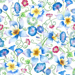 Fototapeta na wymiar Blue flowers seamless pattern Watercolor floral composition Columbine Morning glory Petunia flowers allover botanical illustration