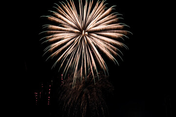Bright festive fireworks (rays of light) on a dark background of the night sky.