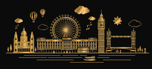 Vector. gold color London, England and United Kingdom Landmarks Skyline, Famous Place, Travel and Tourist Attraction on black background