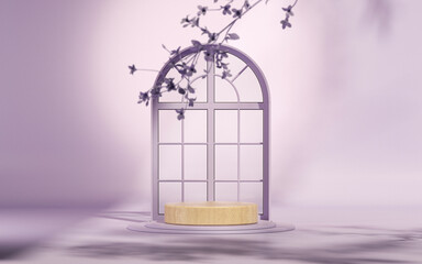 Purple door and abstract podium with sun shade and leaf shadow. Stage showcase on pedestal glass studio purple background. 3D rendering for studio and fashion presentation. Geometry shape. 
