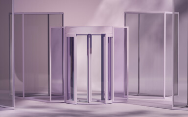 Purple door and abstract podium with sun shade and leaf shadow. Stage showcase on pedestal glass studio purple background. 3D rendering for studio and fashion presentation. Geometry shape. 
