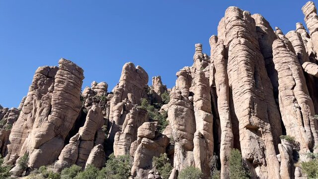 Pinnacles and spires of Chiricahua National Monument in Arizona, panning shot.