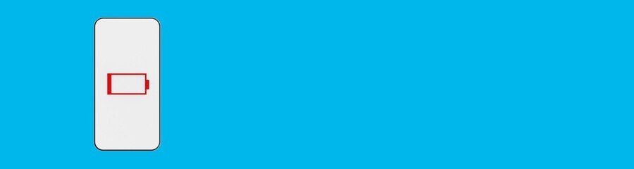 Battery indicator. Discharged smartphone. Lack of energy. Smartphone with a discharged battery on a blue background. Banner for insertion into site. Horizontal image. 3d image. 3d rendering