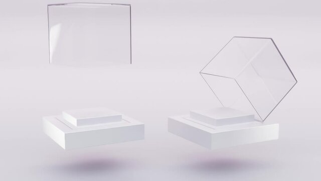 Glass cube box on white stand and clear square showcase on empty plastic podium opens. Realistic mockup acrylic or plexiglass block for exhibit, isolated on grey background, 3d render animation