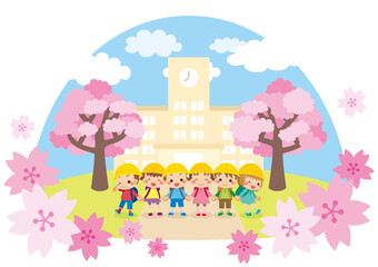 桜咲く小学校の前で手を繋いで立っている可愛い小学生のイラスト　ドーム型　クリップアート　白背景