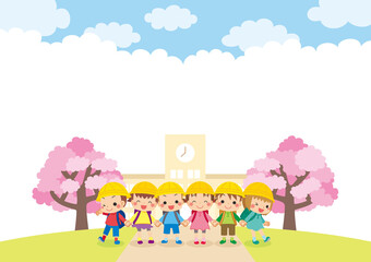 満開の桜が咲く校舎の前で手を繋いで立っている可愛い小学生のイラスト　コピースペース　テンプレート