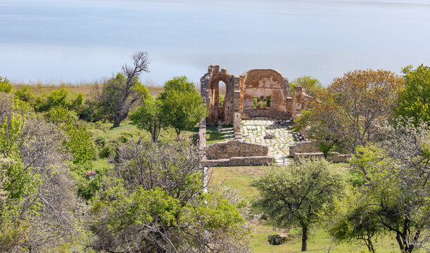 The ruins of Agios Achillios basilica at the Small Prespa Lake, Macedonia, Greece. 