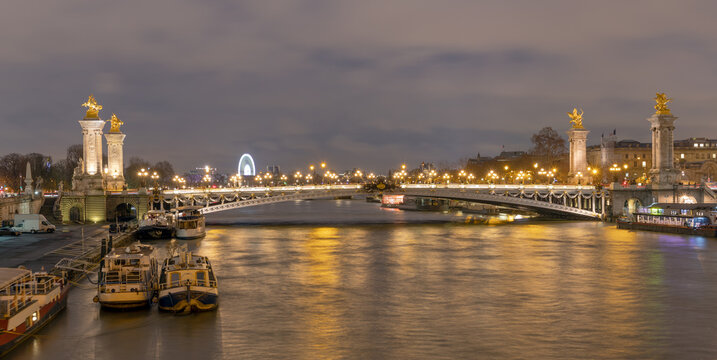 View of Alexandre III bridge at night, Paris, France.