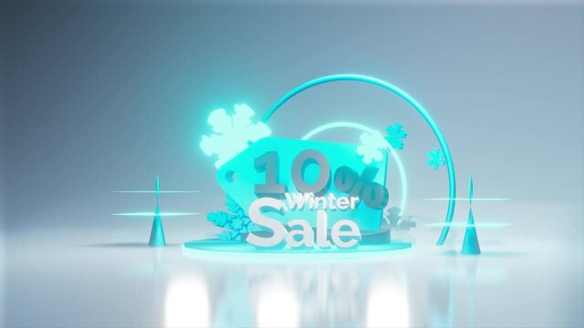 Winter Sale 10% 3d Background | Metallic Blue, 3d Neon, 4k| Discount, Snowflake, Apple ProRes, Loop.