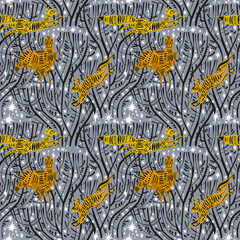 Tree branches at dreamy starry night with animals and birds seamless pattern in minimalism aesthetic background.