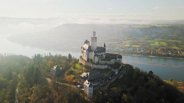 Aerial panorama of Marksburg Castle of the  Rhine Gorge UNESCO World Heritage Site