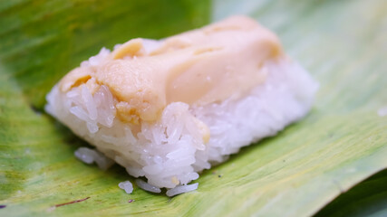 Sweet Sticky Rice with Thai Custard Dessert on Banana Leaves. 