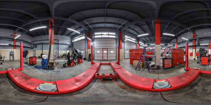MINSk, BELARUS - MAY 2021: full seamless spherical hdr 360 panorama view inside cars service station and accident recovery in equirectangular projection, ready for VR AR virtual reality
