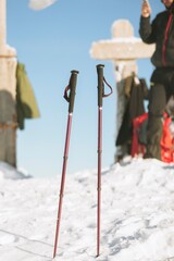 Trekking poles for hiking with winter background