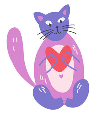 Cute cat holds a heart. Funny cat holding a heart in his paws. For postcards, prints, birthdays and Valentines Day. Vector cartoon Illustration