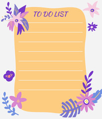 To do list with flowers. Planner with exotic flowers and plants. Template for sticker, sticky notes, planners, check lists, journal and other stationery. Vector illustration.