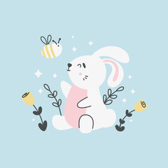 Cute smiling rabbit among flowers vector flat illustration. Baby happy animal with colorful flowering plant.