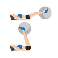 Woman doing Swiss ball leg lifts  exercise. body weight lifts flat vector illustration - obrazy, fototapety, plakaty