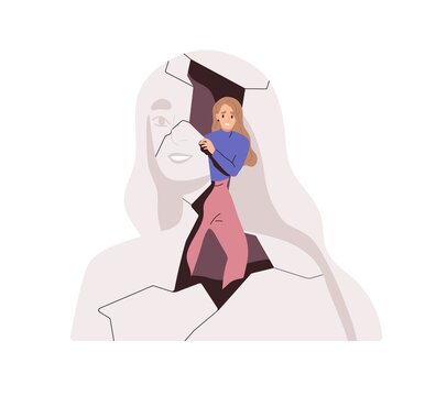 Person with mental health problems. Fear and anxiety, psychology concept. Scared anxious woman feel nervous about releasing self from inner world. Flat vector illustration isolated on white background
