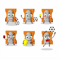 Orange pencil sharpener cartoon character working as a Football referee
