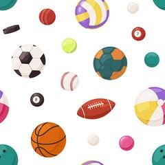 Sports balls pattern. Seamless background with soccer, volleyball, rugby, basketball, baseball nad handball games equipment. Endless texture with repeating print. Colorful flat vector illustration