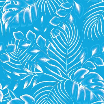 Modern seamless pattern with blue monochromatic tropical plants and leaves. Fashionable texture design, textile, fabric, printing. Original plants. Exotic design and ornament. Summer design. wallpaper