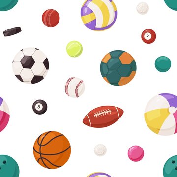 Sports balls pattern. Seamless background with soccer, volleyball, rugby, basketball, baseball nad handball games equipment. Endless texture with repeating print. Colorful flat vector illustration © Good Studio