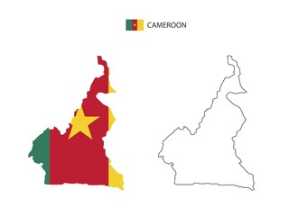 Obraz premium Cameroon map city vector divided by outline simplicity style. Have 2 versions, black thin line version and color of country flag version. Both map were on the white background.